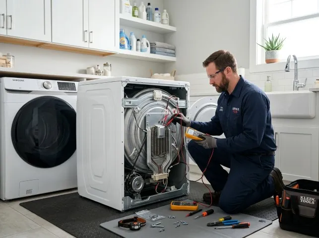 Appliance Repair Hero technician checking a dryer heating element with the rear panel off in Argyle, WI