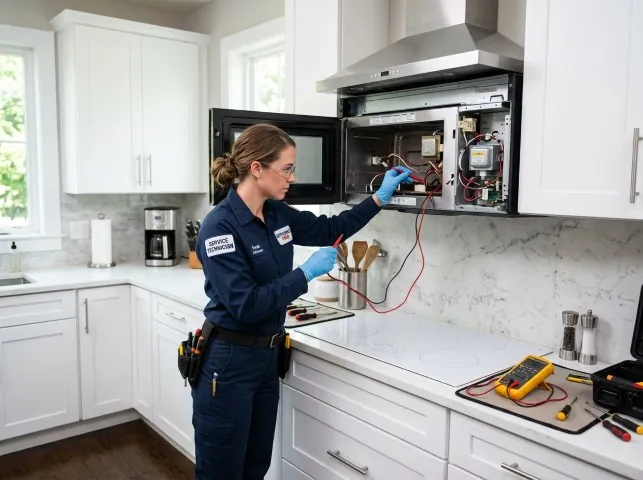 Appliance Repair Hero technician testing an over-the-range microwave in a Argyle, WI kitchen