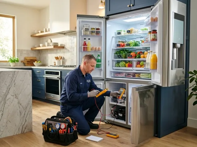 Appliance Repair Hero refrigerator technician testing a fridge on a Argyle, WI service call