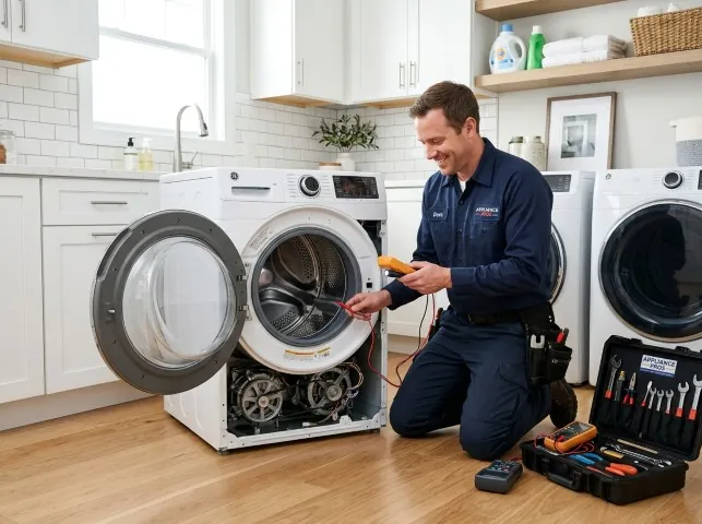 Appliance Repair Hero technician testing a front-load washer with a multimeter on a Argyle, WI service call